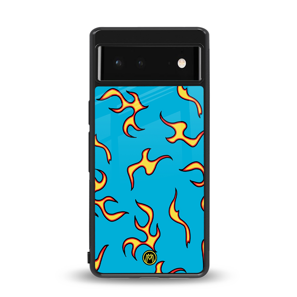 lil flames on blue back phone cover | glass case for google pixel 6
