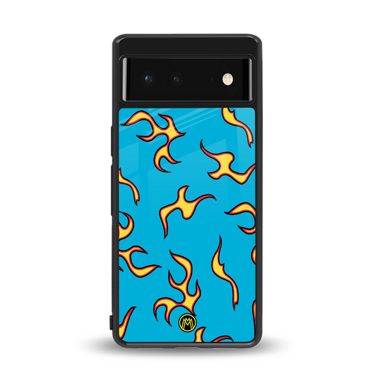 lil flames on blue back phone cover | glass case for google pixel 6
