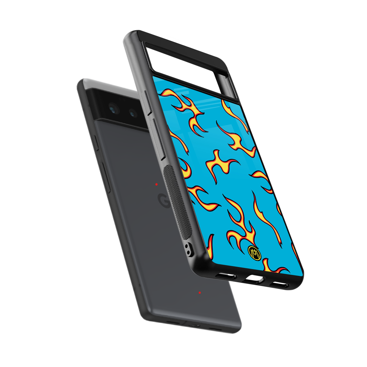 lil flames on blue back phone cover | glass case for google pixel 6