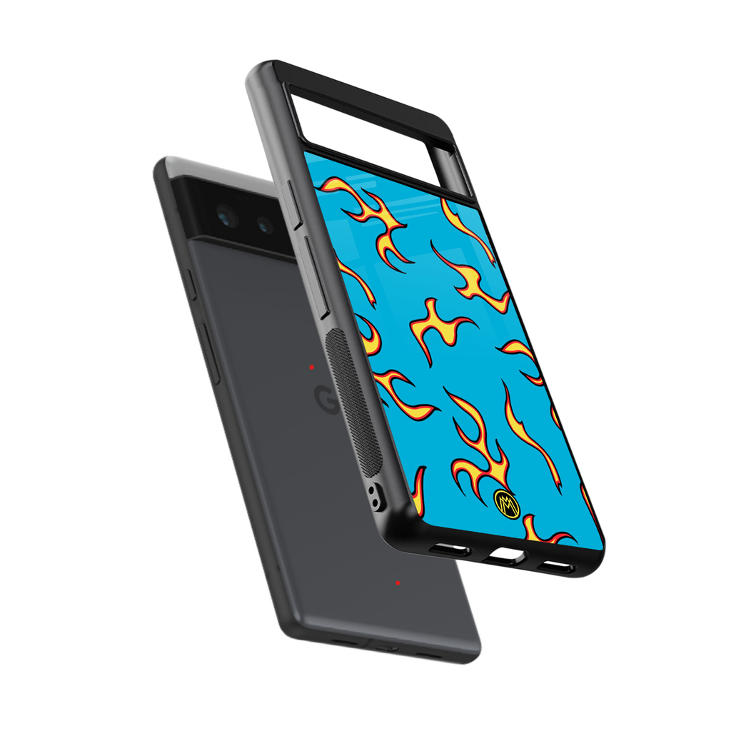 lil flames on blue back phone cover | glass case for Google Pixel 6A