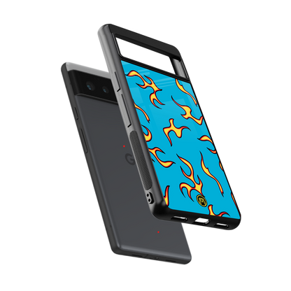 lil flames on blue back phone cover | glass case for Google Pixel 6A
