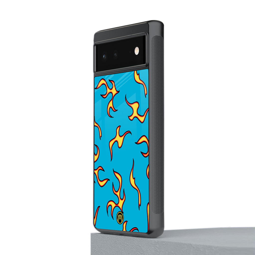 lil flames on blue back phone cover | glass case for google pixel 6