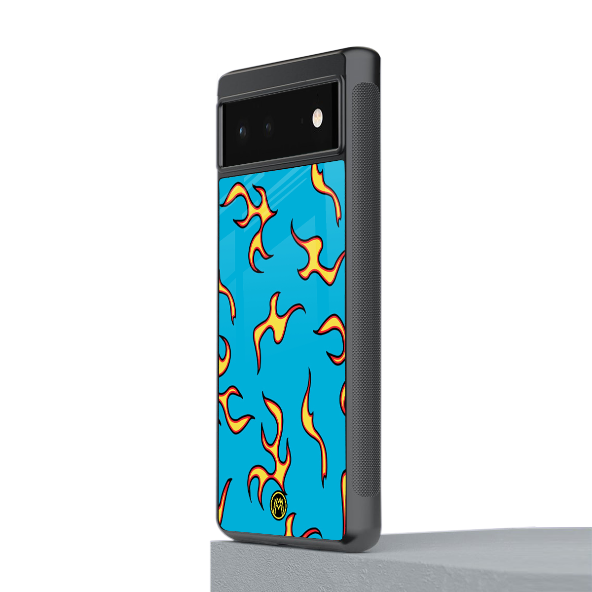lil flames on blue back phone cover | glass case for google pixel 6