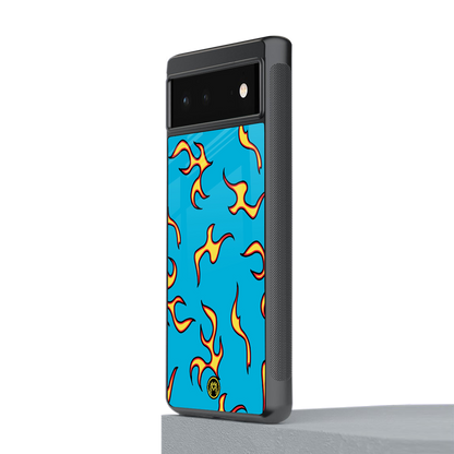lil flames on blue back phone cover | glass case for Google Pixel 6A
