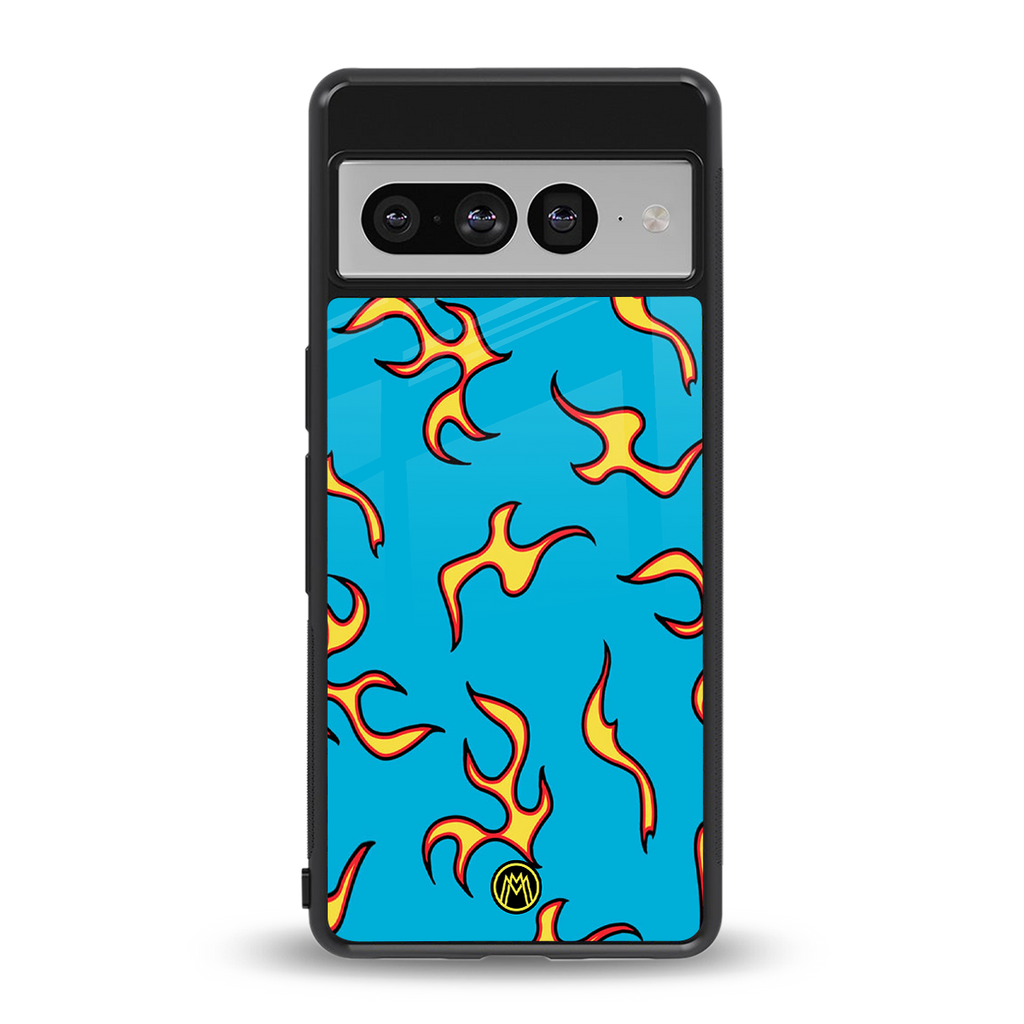 lil flames on blue back phone cover | glass case for google pixel 7 pro