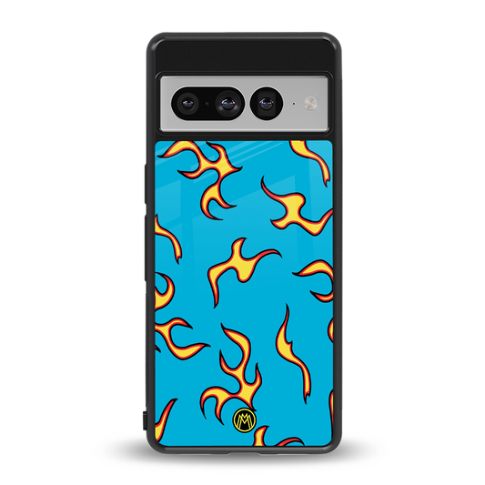 lil flames on blue back phone cover | glass case for google pixel 7 pro
