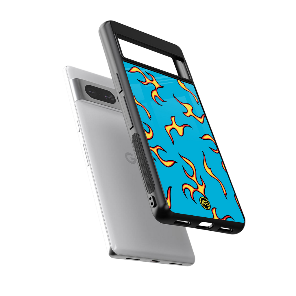 lil flames on blue back phone cover | glass case for google pixel 7 pro