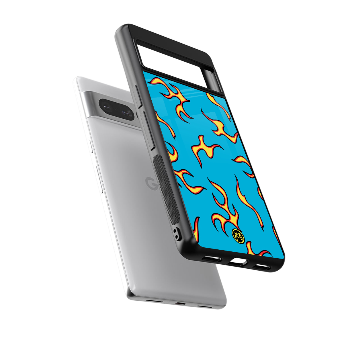 lil flames on blue back phone cover | glass case for google pixel 7 pro