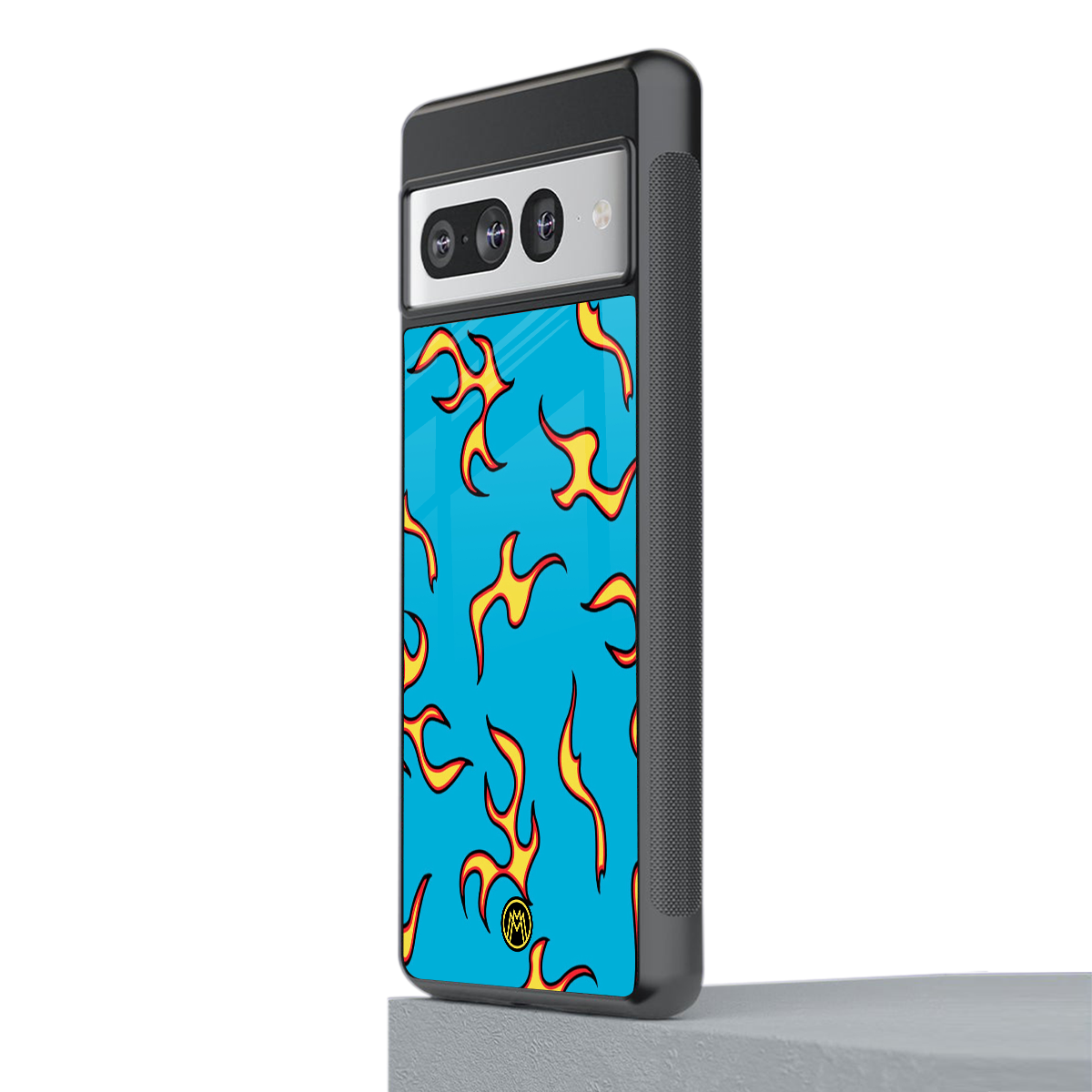 lil flames on blue back phone cover | glass case for google pixel 7 pro