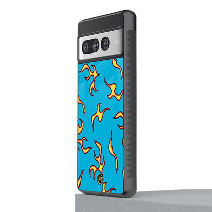 lil flames on blue back phone cover | glass case for google pixel 7 pro