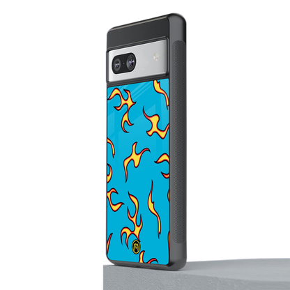 lil flames on blue back phone cover | glass case for Google Pixel 7