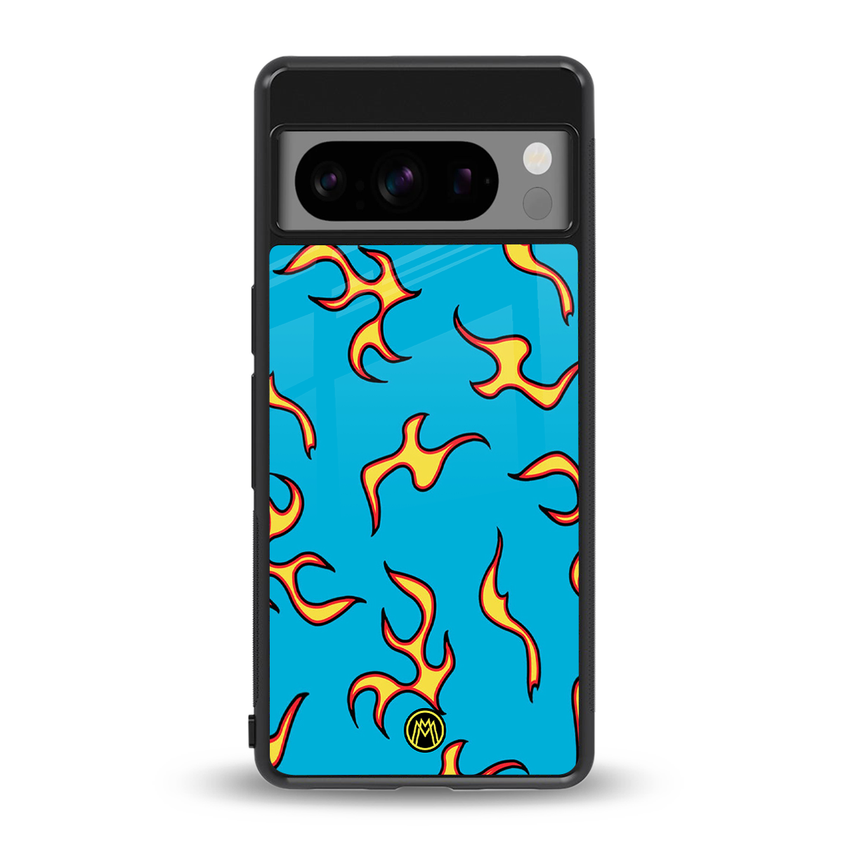 lil flames on blue back phone cover | glass case for google pixel 8 pro