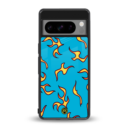 lil flames on blue back phone cover | glass case for google pixel 8 pro