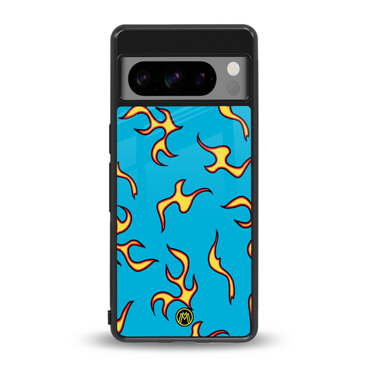 lil flames on blue back phone cover | glass case for google pixel 8 pro