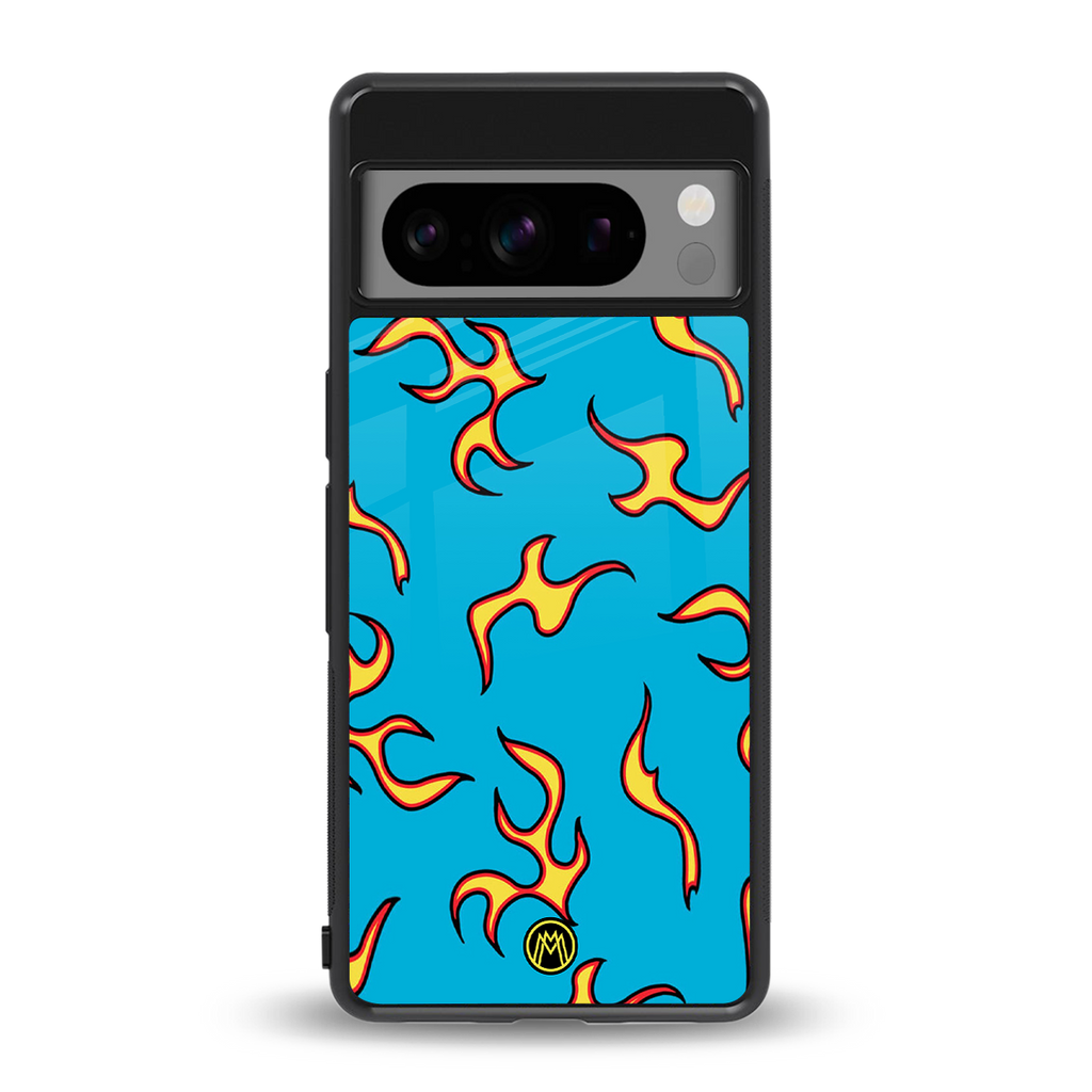 lil flames on blue back phone cover | glass case for google pixel 8 pro