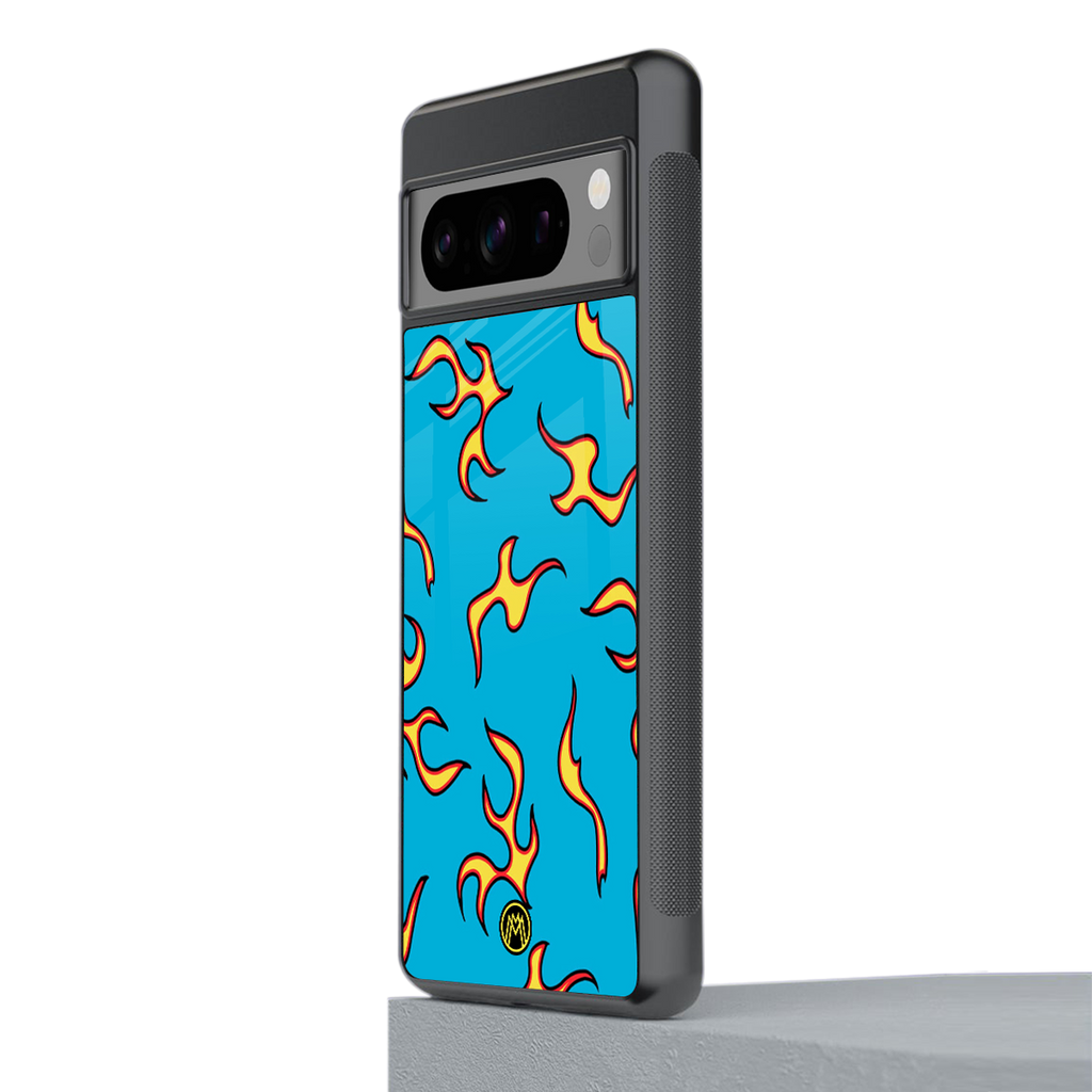 lil flames on blue back phone cover | glass case for google pixel 8 pro