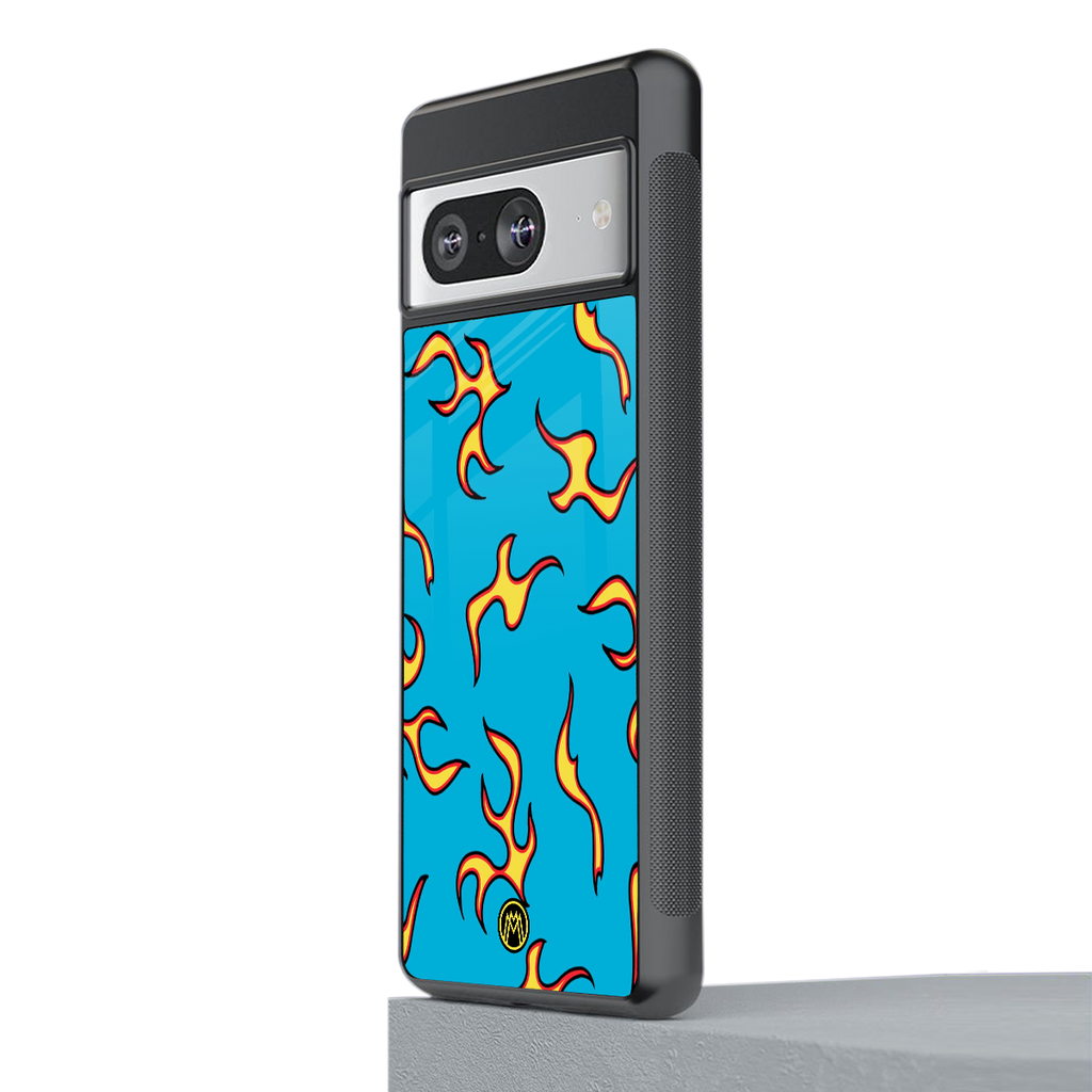 lil flames on blue back phone cover | glass case for Google Pixel 8