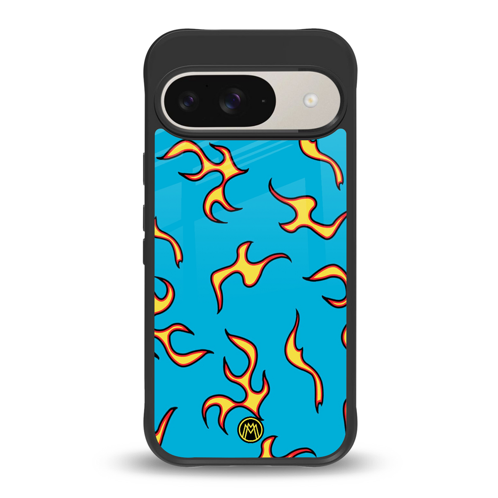 lil flames on blue back phone cover | glass case for google pixel 9