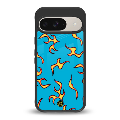 lil flames on blue back phone cover | glass case for google pixel 9