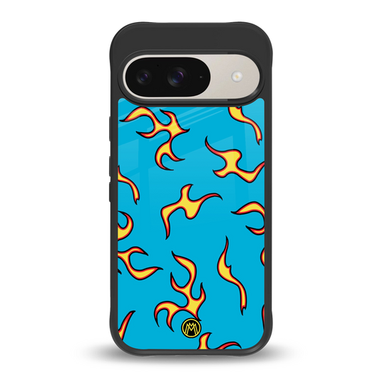 lil flames on blue back phone cover | glass case for google pixel 9