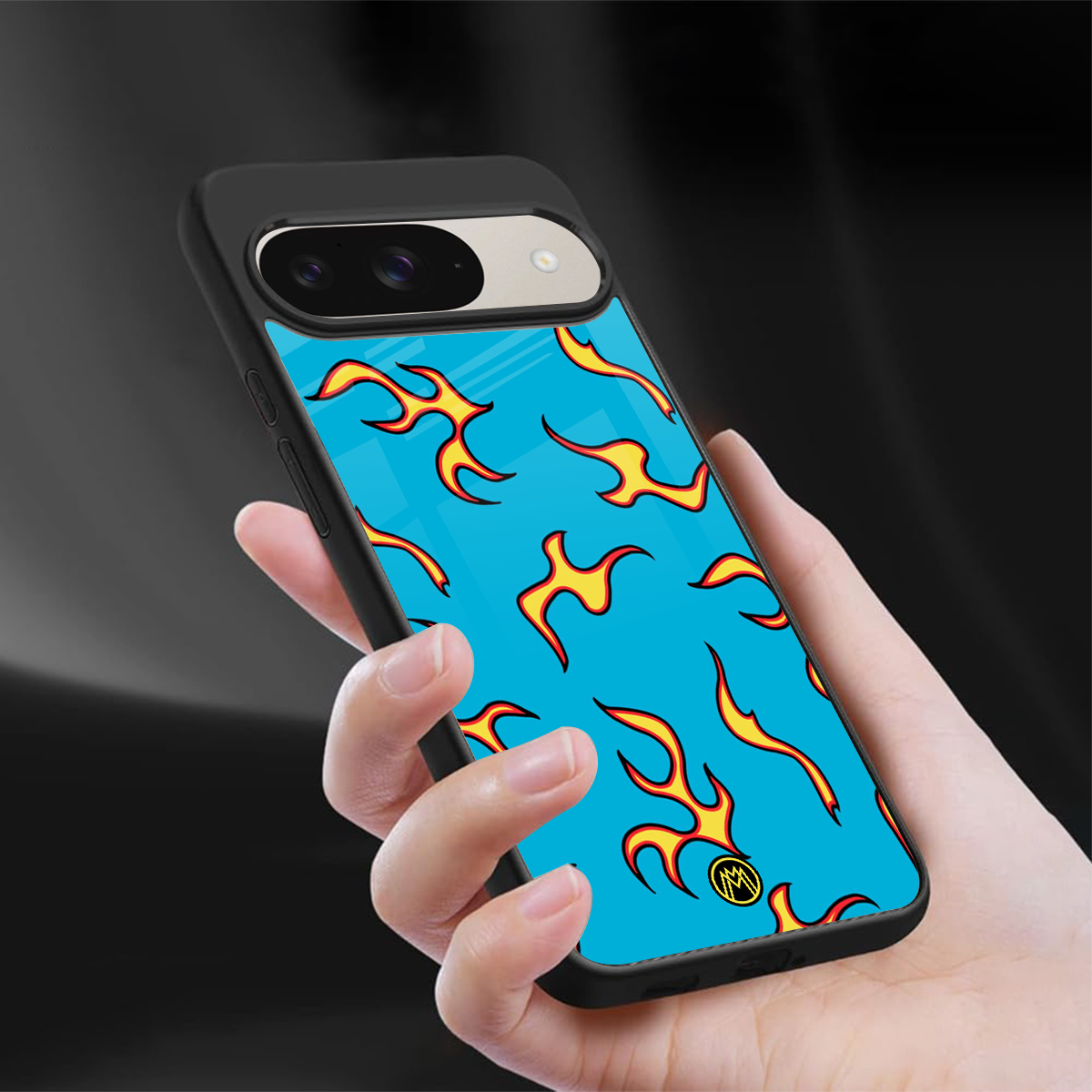 lil flames on blue back phone cover | glass case for google pixel 9