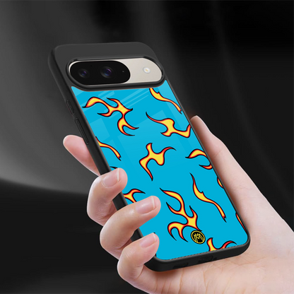 lil flames on blue back phone cover | glass case for google pixel 9