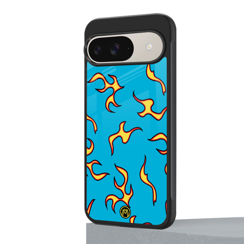 lil flames on blue back phone cover | glass case for google pixel 9