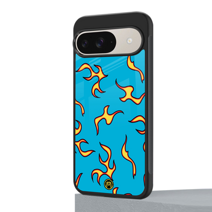 lil flames on blue back phone cover | glass case for google pixel 9