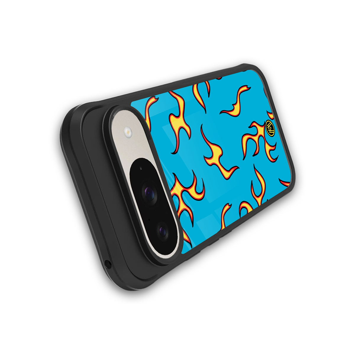 lil flames on blue back phone cover | glass case for google pixel 9
