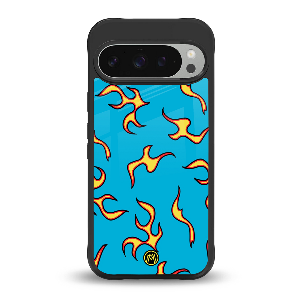 lil flames on blue back phone cover | glass case for google pixel 9 pro