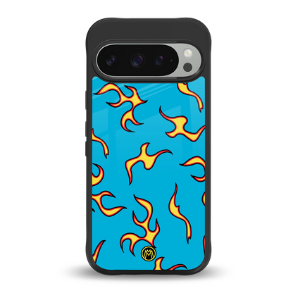 lil flames on blue back phone cover | glass case for google pixel 9 pro