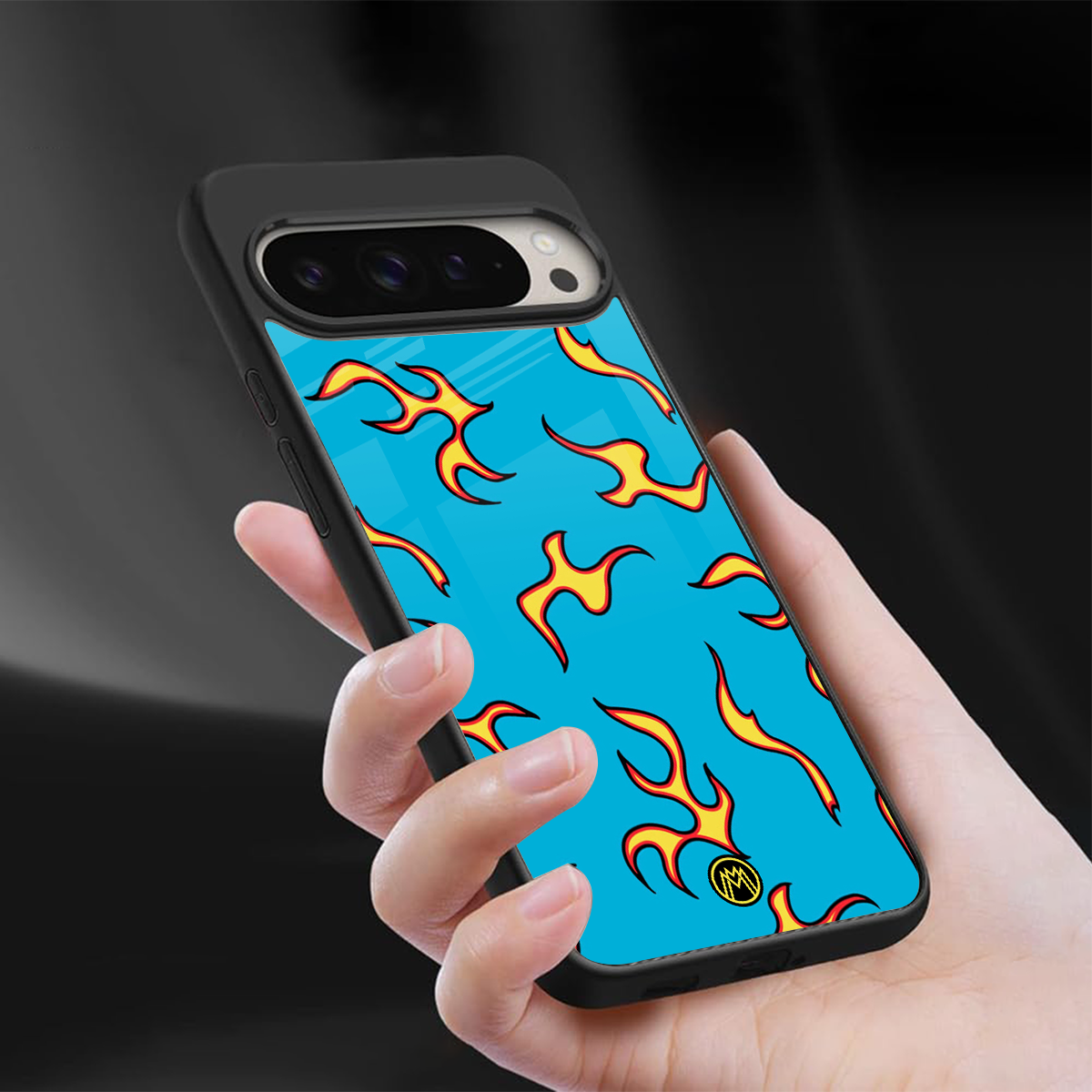 lil flames on blue back phone cover | glass case for google pixel 9 pro