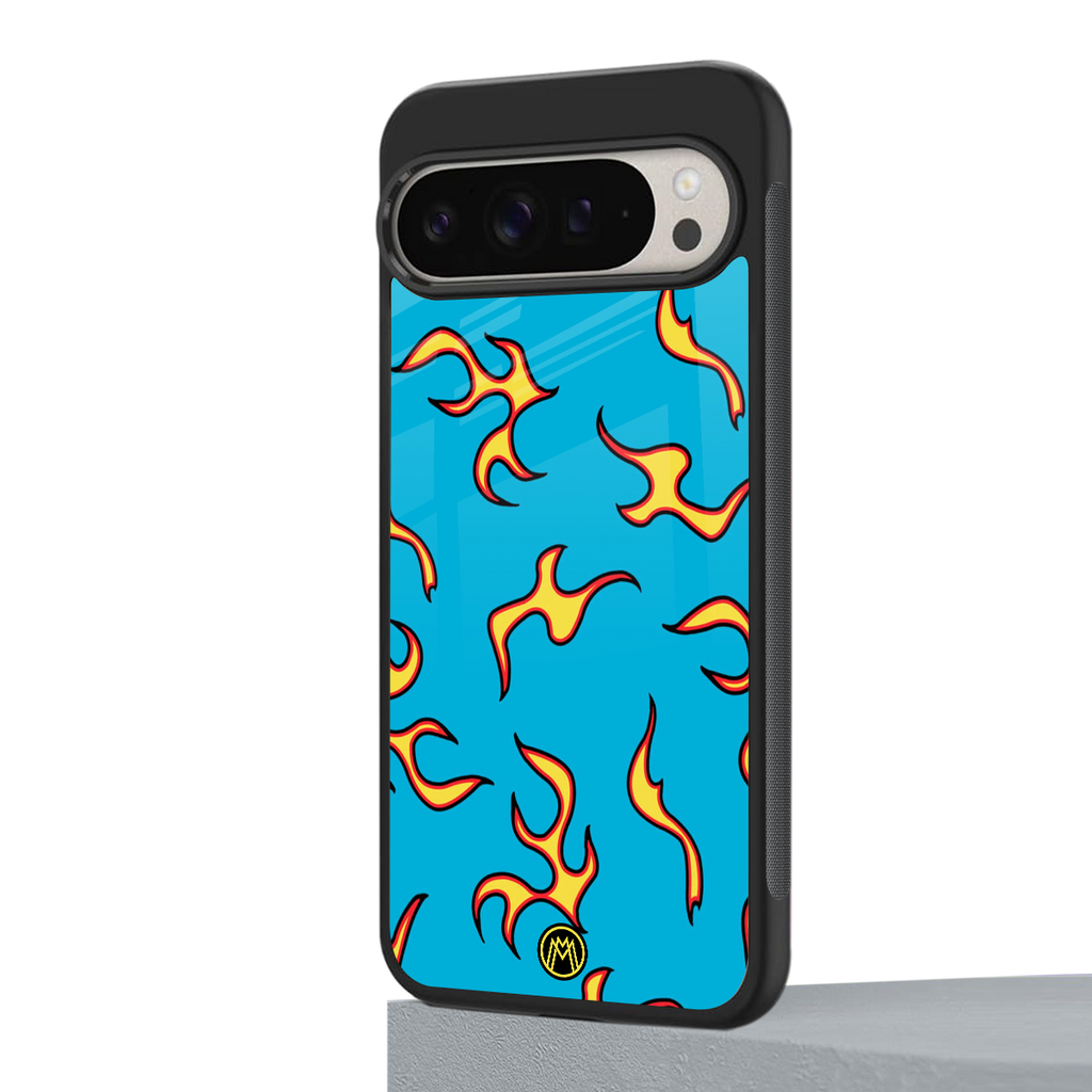 lil flames on blue back phone cover | glass case for google pixel 9 pro