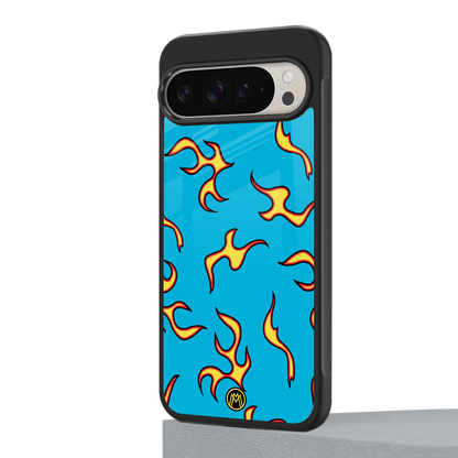 lil flames on blue back phone cover | glass case for google pixel 9 pro xl