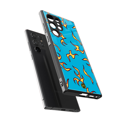 lil flames on blue back phone cover | glass case for samsung galaxy s24 ultra