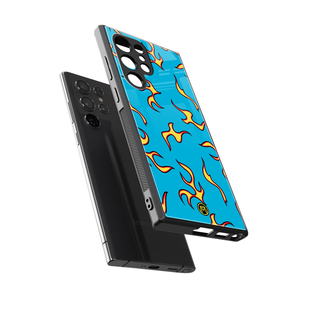 lil flames on blue back phone cover | glass case for samsung galaxy s23 ultra