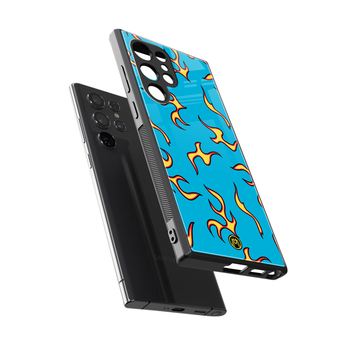 lil flames on blue back phone cover | glass case for samsung galaxy s23 ultra
