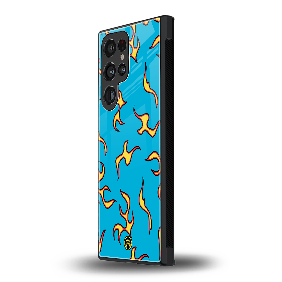 lil flames on blue back phone cover | glass case for samsung galaxy s23 ultra