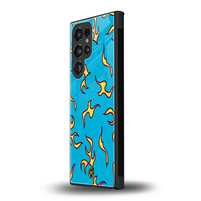 lil flames on blue back phone cover | glass case for samsung galaxy s23 ultra