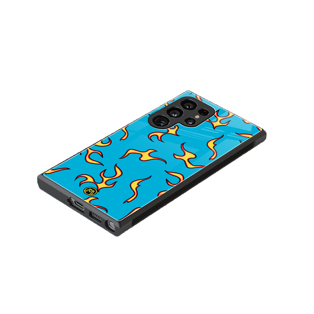 lil flames on blue back phone cover | glass case for samsung galaxy s23 ultra