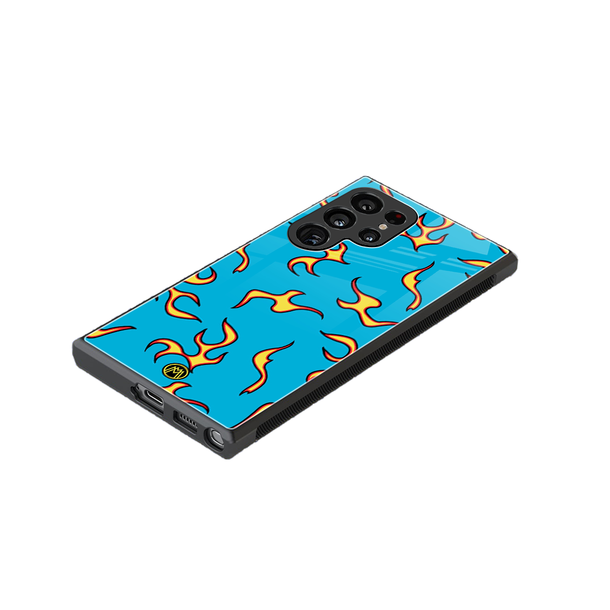 lil flames on blue back phone cover | glass case for samsung galaxy s23 ultra