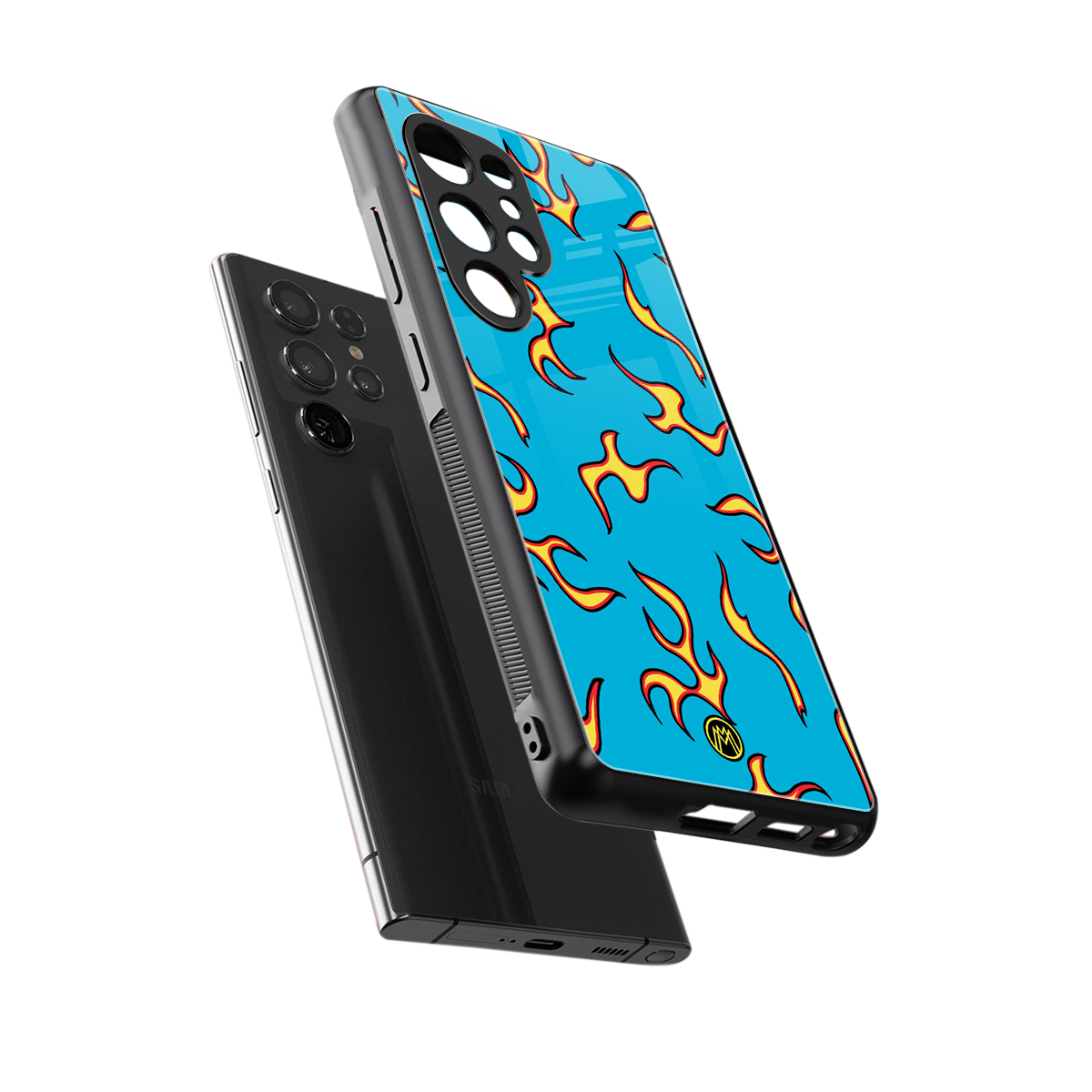 lil flames on blue back phone cover | glass case for samsung galaxy s25 ultra