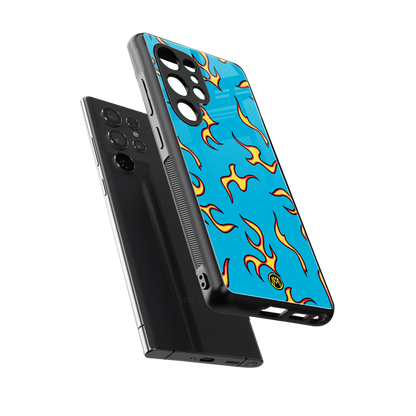 lil flames on blue back phone cover | glass case for samsung galaxy s25 ultra