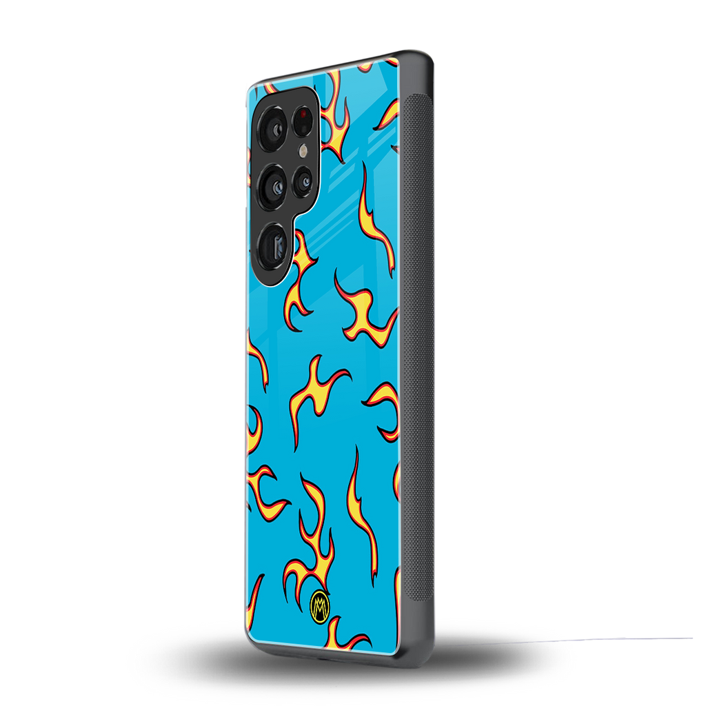 lil flames on blue back phone cover | glass case for samsung galaxy s25 ultra