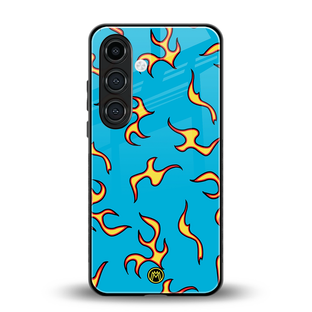 lil flames on blue back phone cover | glass case for samsung galaxy s24