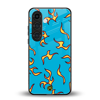 lil flames on blue back phone cover | glass case for samsung galaxy s24 fe