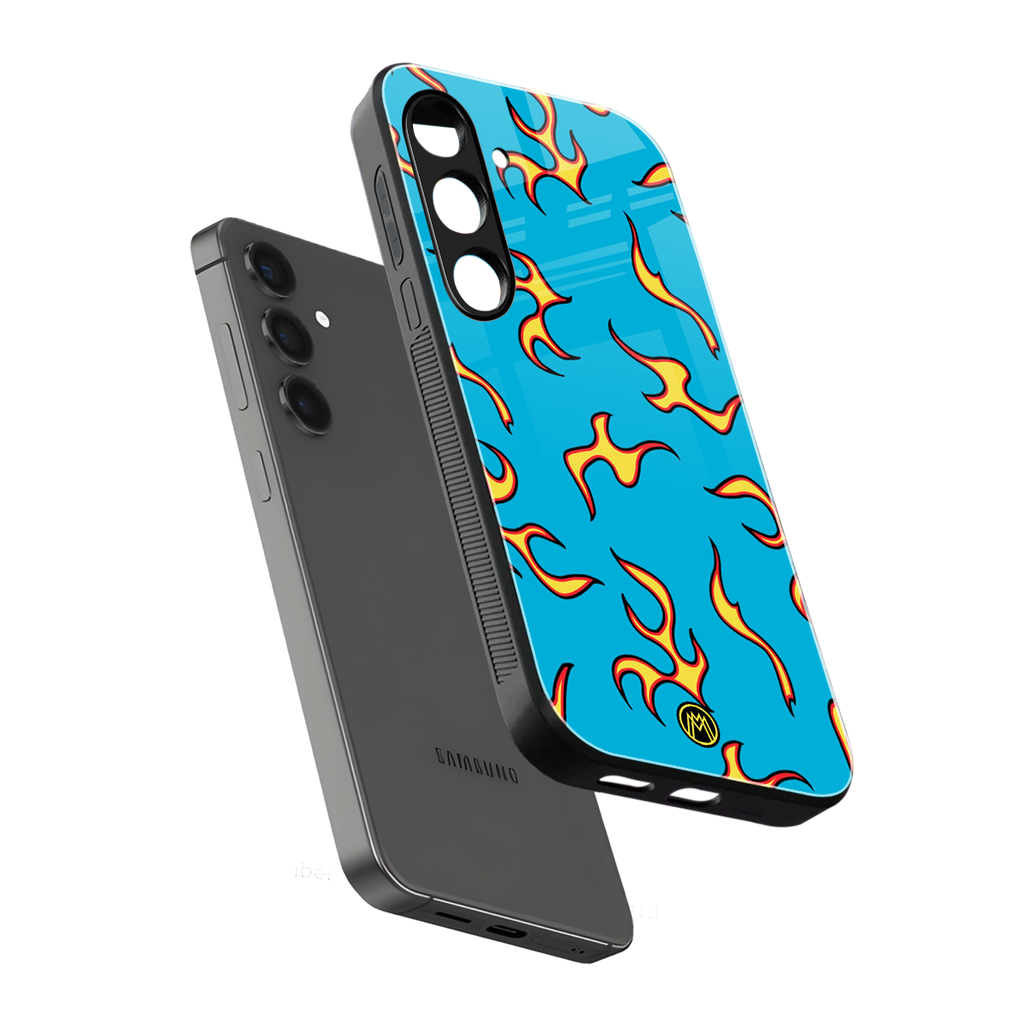 lil flames on blue back phone cover | glass case for samsung galaxy s24