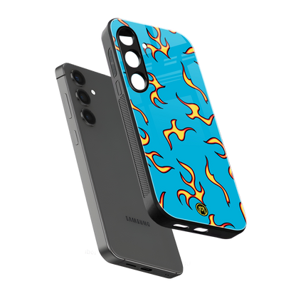lil flames on blue back phone cover | glass case for samsung galaxy s23 fe
