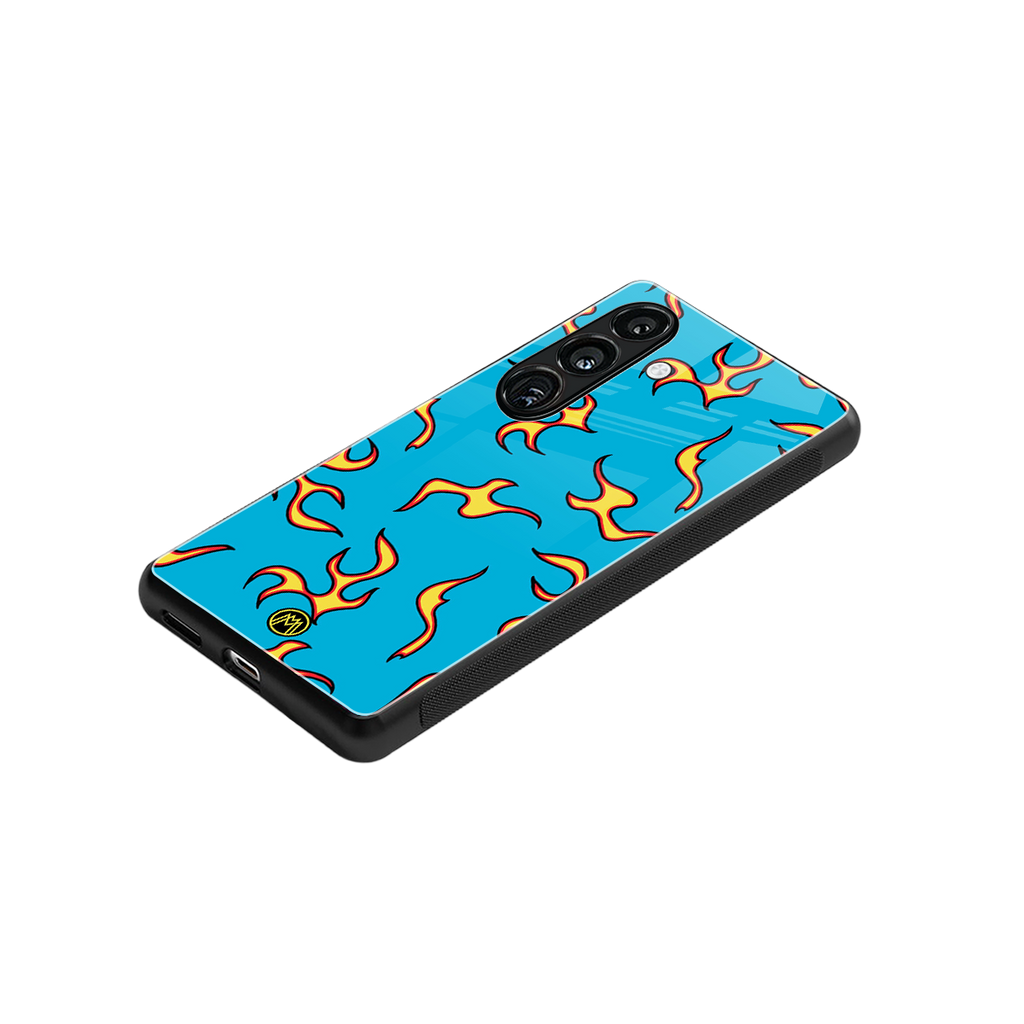 lil flames on blue back phone cover | glass case for samsung galaxy s24 plus