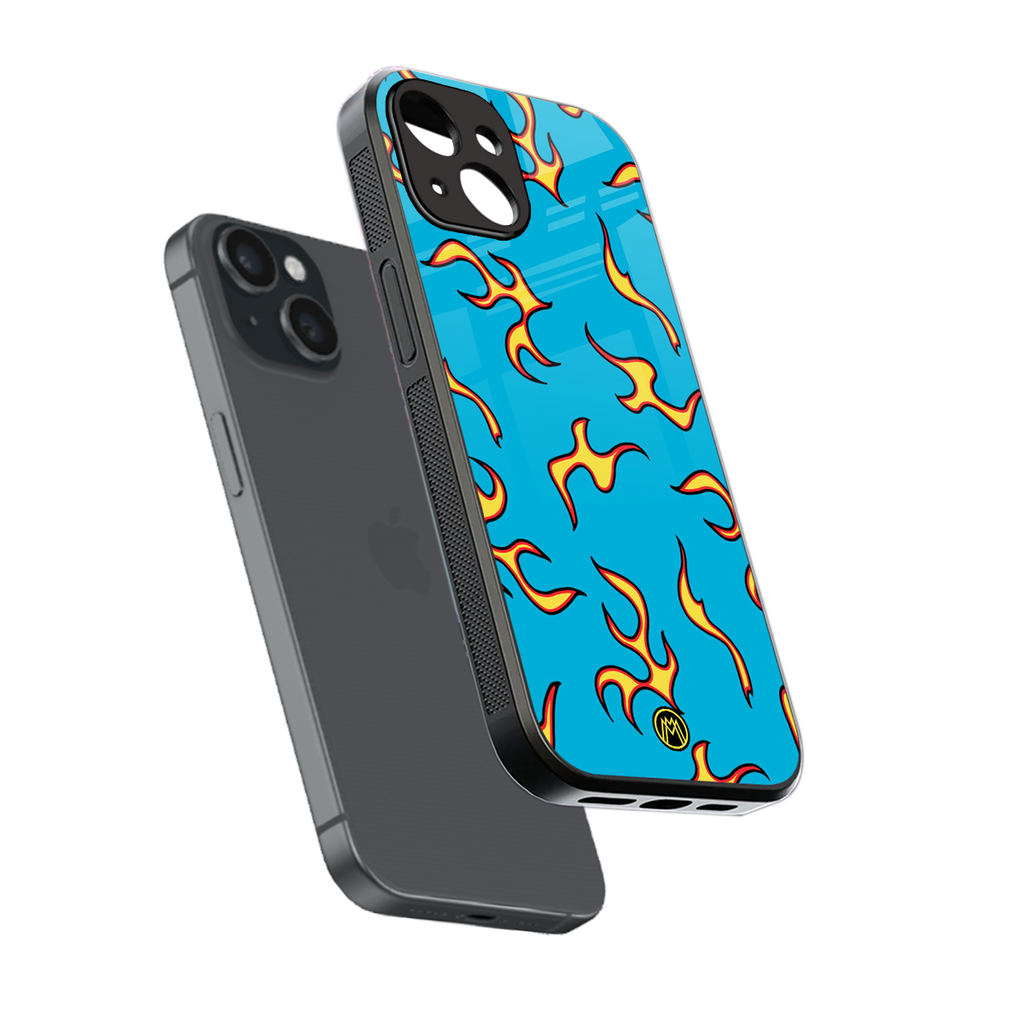 lil flames on blue back phone cover | glass case for iphone 15